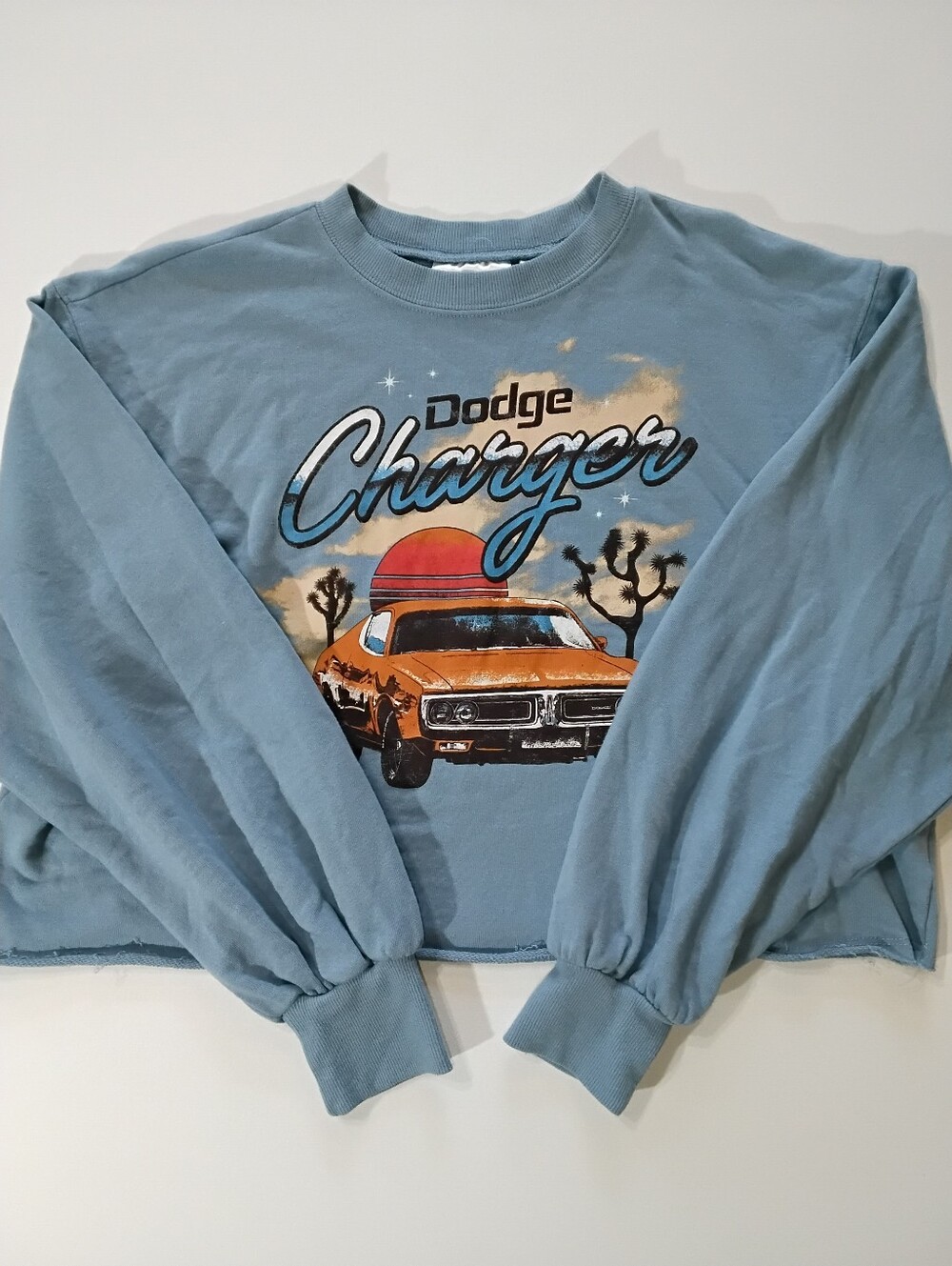 Dodge‎ Charger Cropped Sweater Womens Medium Light Blue Retro Muscle Car Graphic
